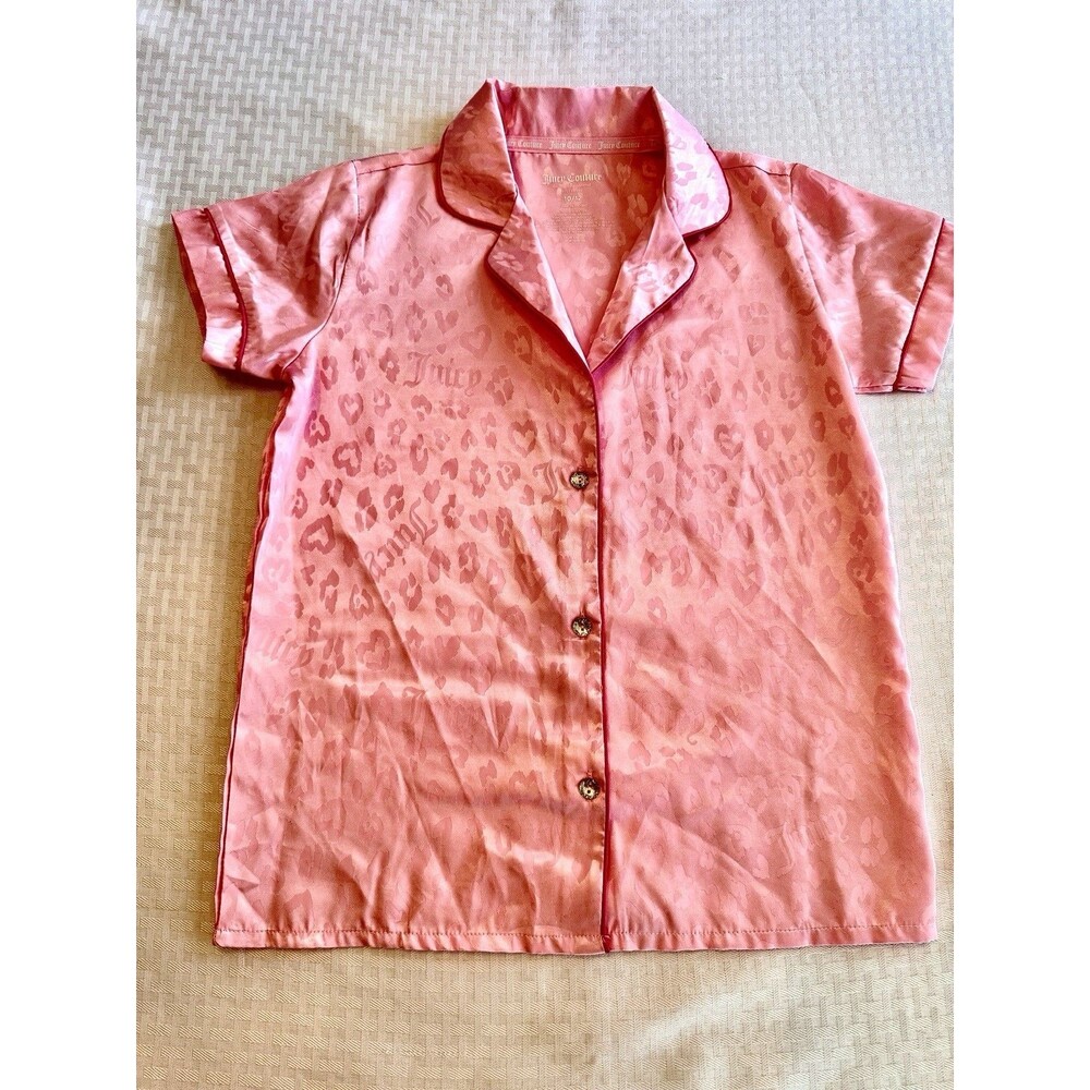 Juicy Couture Pink Satin Pajama Top‎ Girls 10/12 Leopard Heart Sleep Shirt